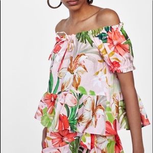 ZARA  Summer Off Shoulders Pink Floral Print Top
